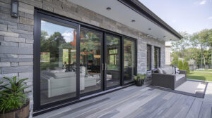 Elegant black-framed sliding glass doors installed on a modern home, seamlessly connecting indoor and outdoor spaces.