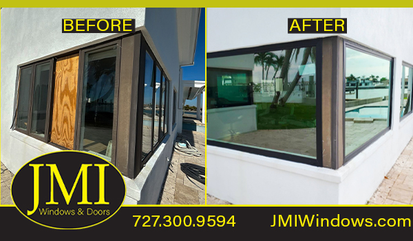 Before and after photo of hurricane impact windows installed by JMI Windows & Doors in Clearwater, Florida.